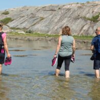 Tre personer som vadar i grunt vatten.