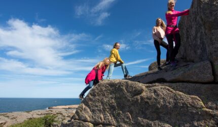 Vandrande familj på klippor.