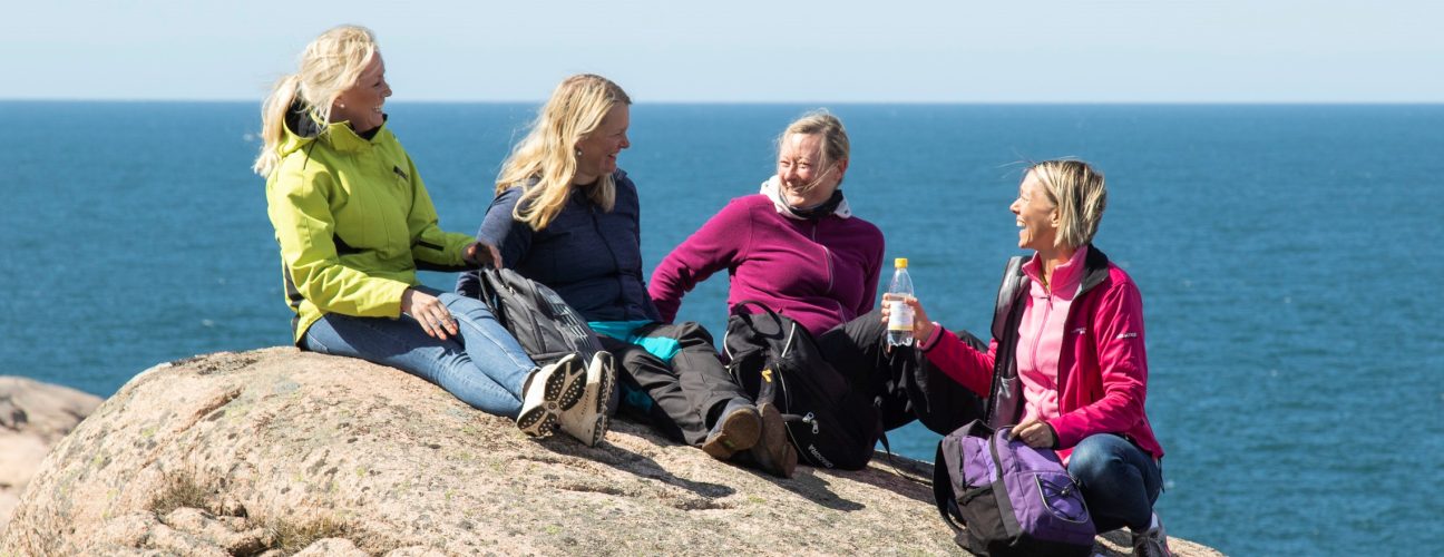 Fyra personer som köpt vandringspaket på Ramsvik som vilar på en klippa.