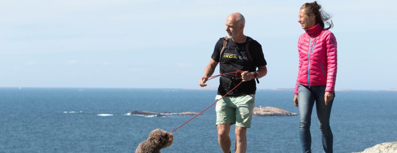 Två personer som vandrar tillsammans med en brun hund.