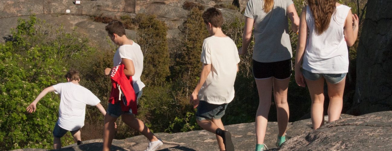 Ungdomar på skolresa som leker på en klippa.